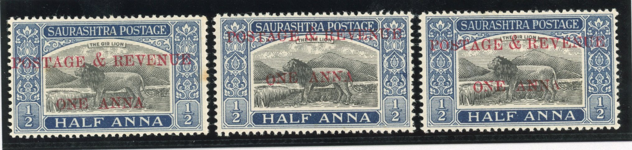 I.F.S. Soruth SG 58c, vars Mint 1949 1a on ½a Gir Lion variety Large A in ANNA