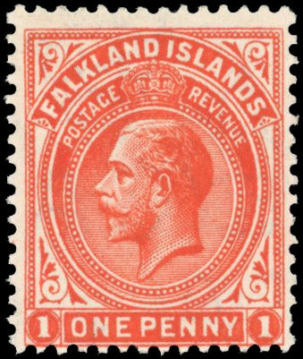 Falkland Islands SG 61dw Mint 1912-20 1d orange-vermilion on thick greyish paper variety watermark reversed