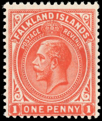 Falkland Islands SG 61dw Mint 1912-20 1d orange-vermilion on thick greyish paper variety watermark reversed