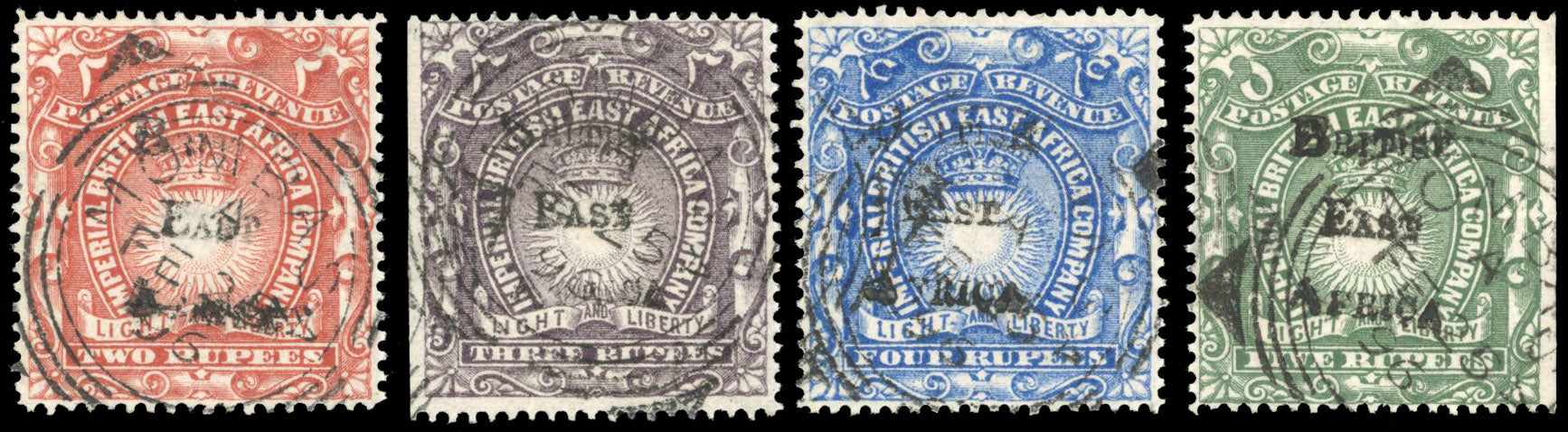 British East Africa SG 44/47 Used 1895 2r to 5r type 6 handstamp
