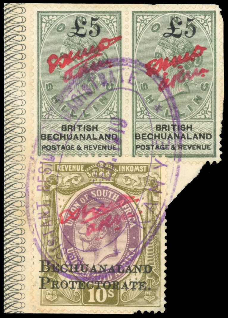 Bechuanaland SG F2 Used 1918 £5 on 1s unappropriated die pair