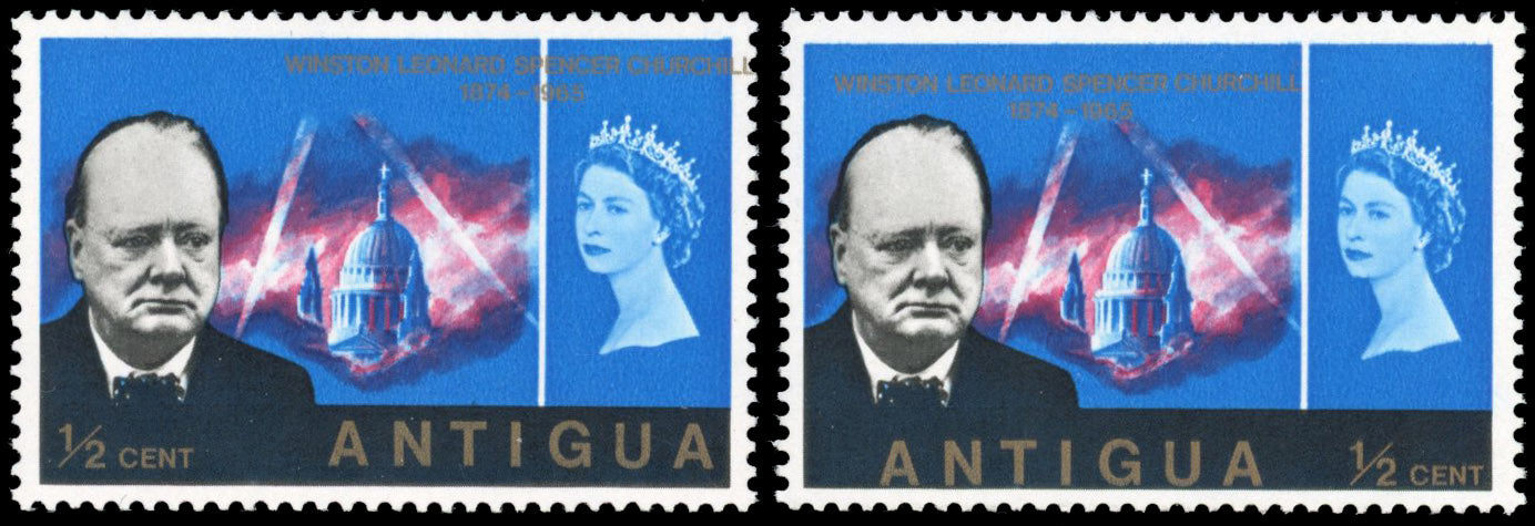 Antigua SG 170 var Unmounted mint 1966 Churchill ½c gold misplaced to right
