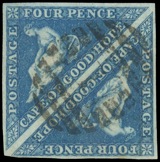 Cape of Good Hope SG 6a Used 1855-63 4d blue square pair with BONC