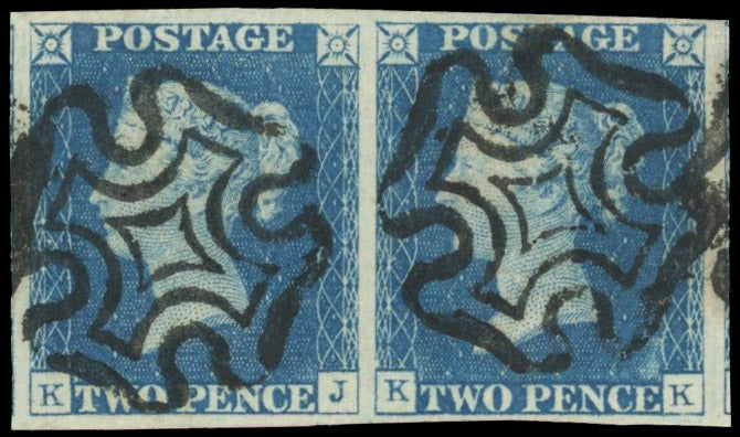 Great Britain SG 5 Used 1840 2d blue plate 1 pair lettered KJ-KK