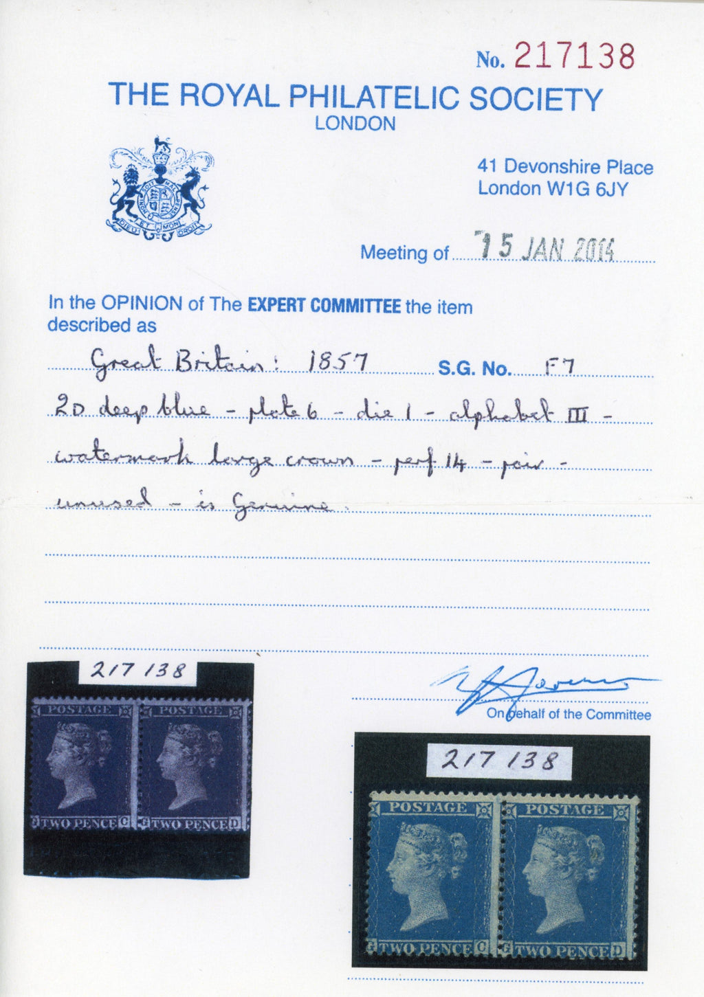 Great Britain SG 35 Mint 1854-57 2d deep blue on blued paper