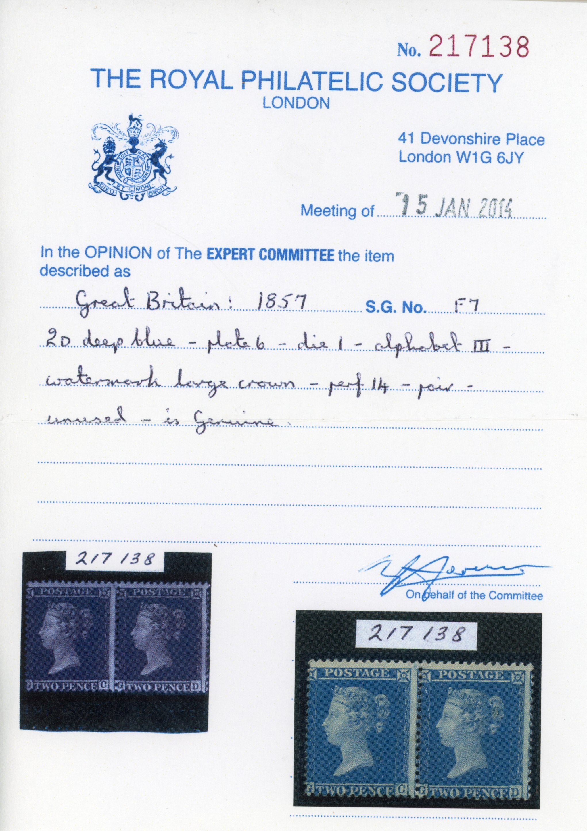 Great Britain SG 35 Mint 1854-57 2d deep blue on blued paper