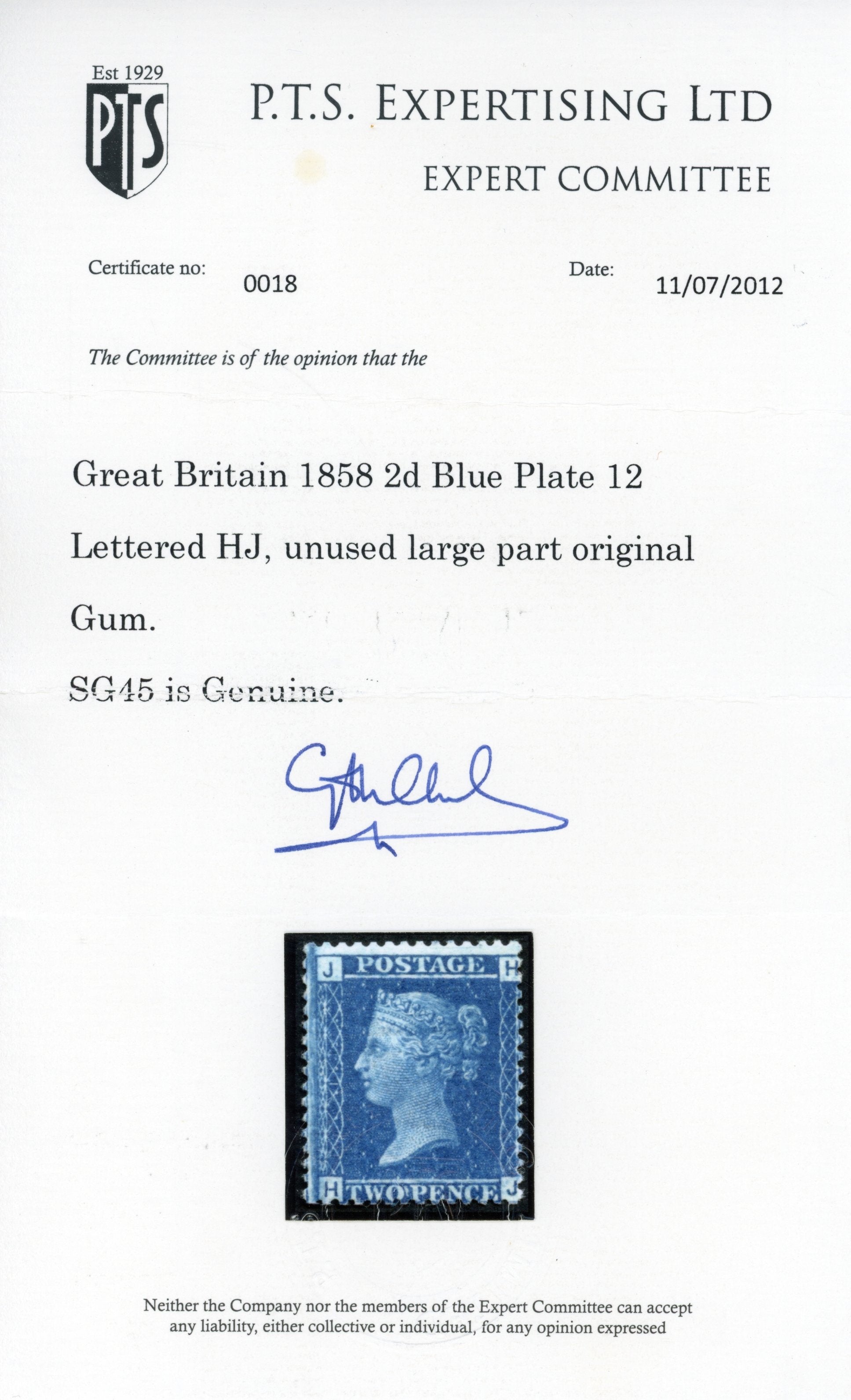Great Britain SG 45 Mint 1858-76 2d blue (thick lines) from plate 12