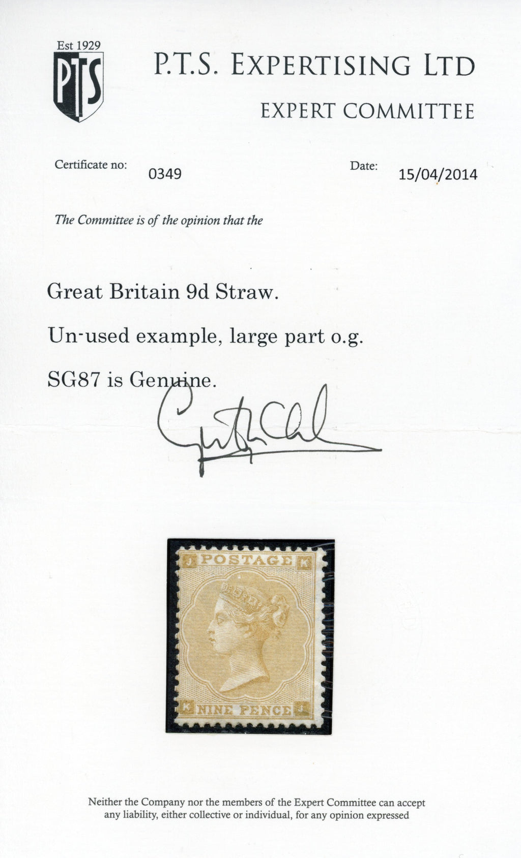 Great Britain SG 87 Mint 1862-64 9d straw watermark emblems