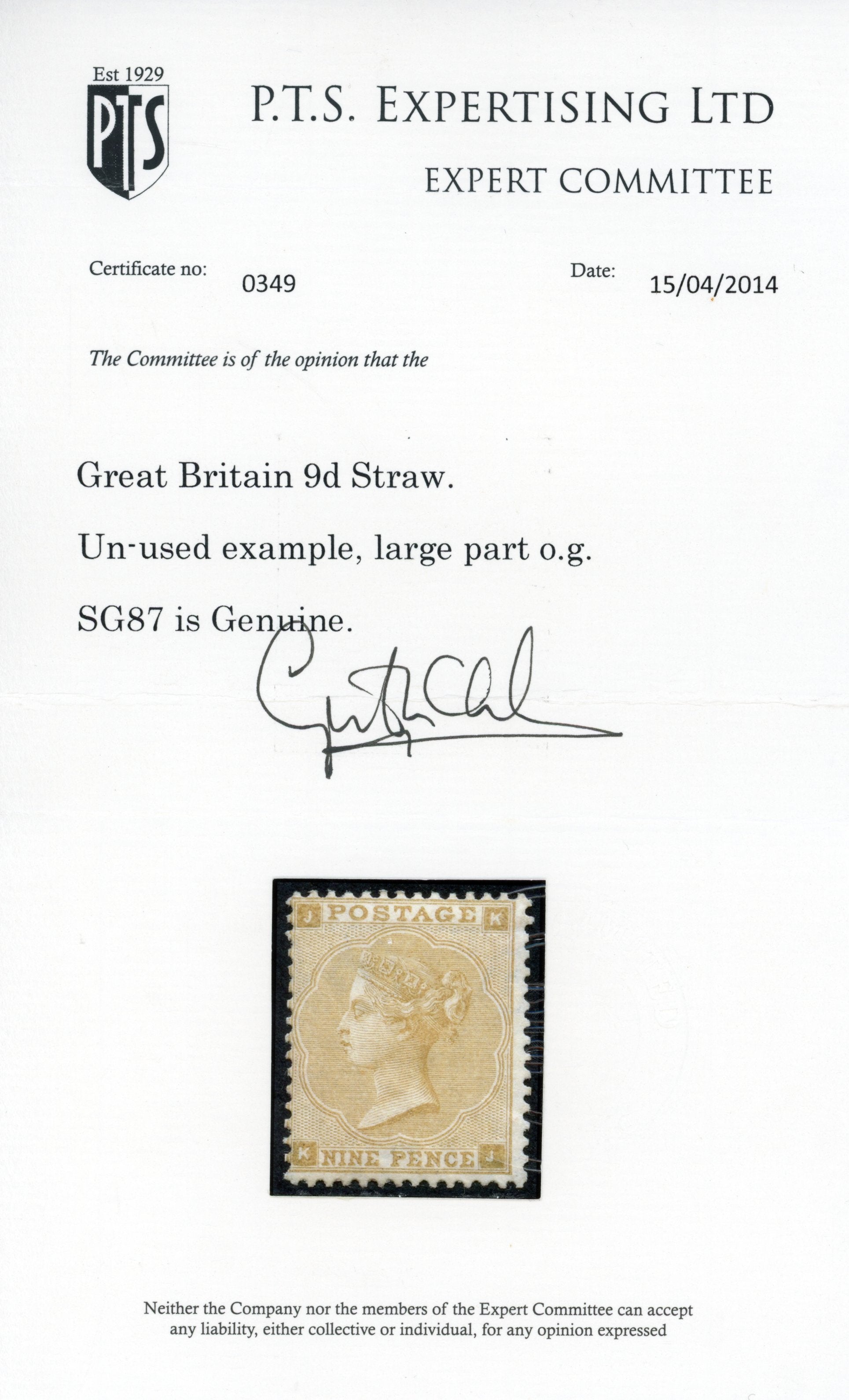 Great Britain SG 87 Mint 1862-64 9d straw watermark emblems