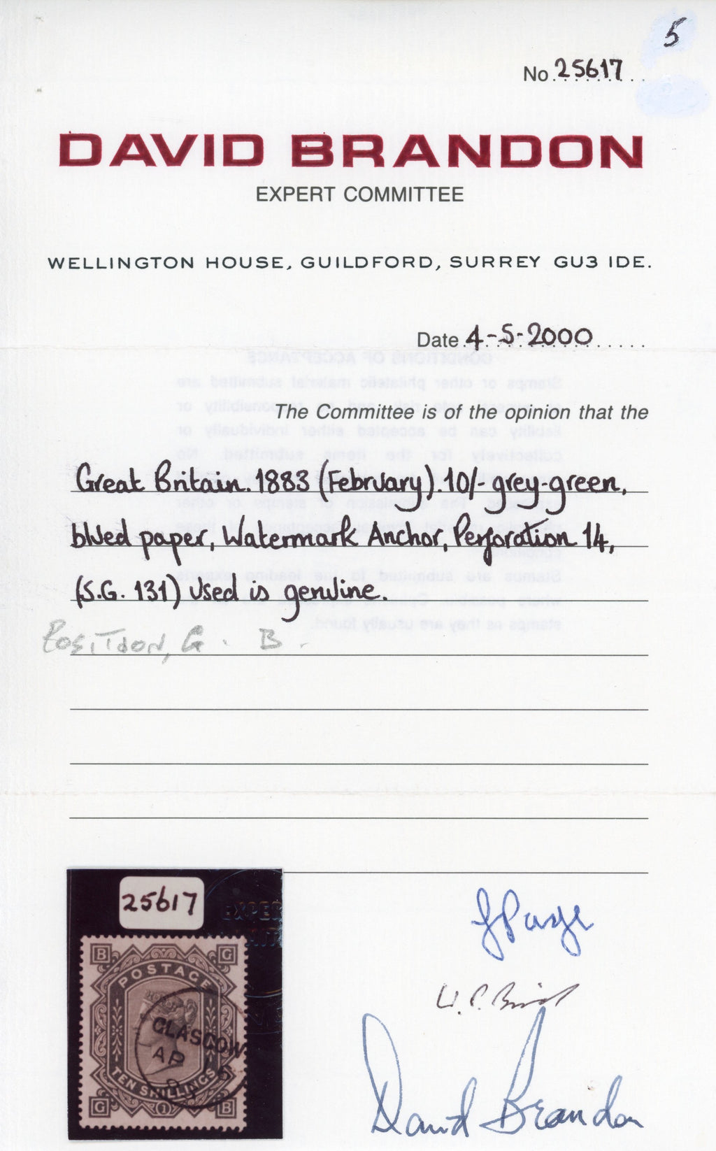 Great Britain SG 131 Used 1867-83 10s grey-green on blued paper