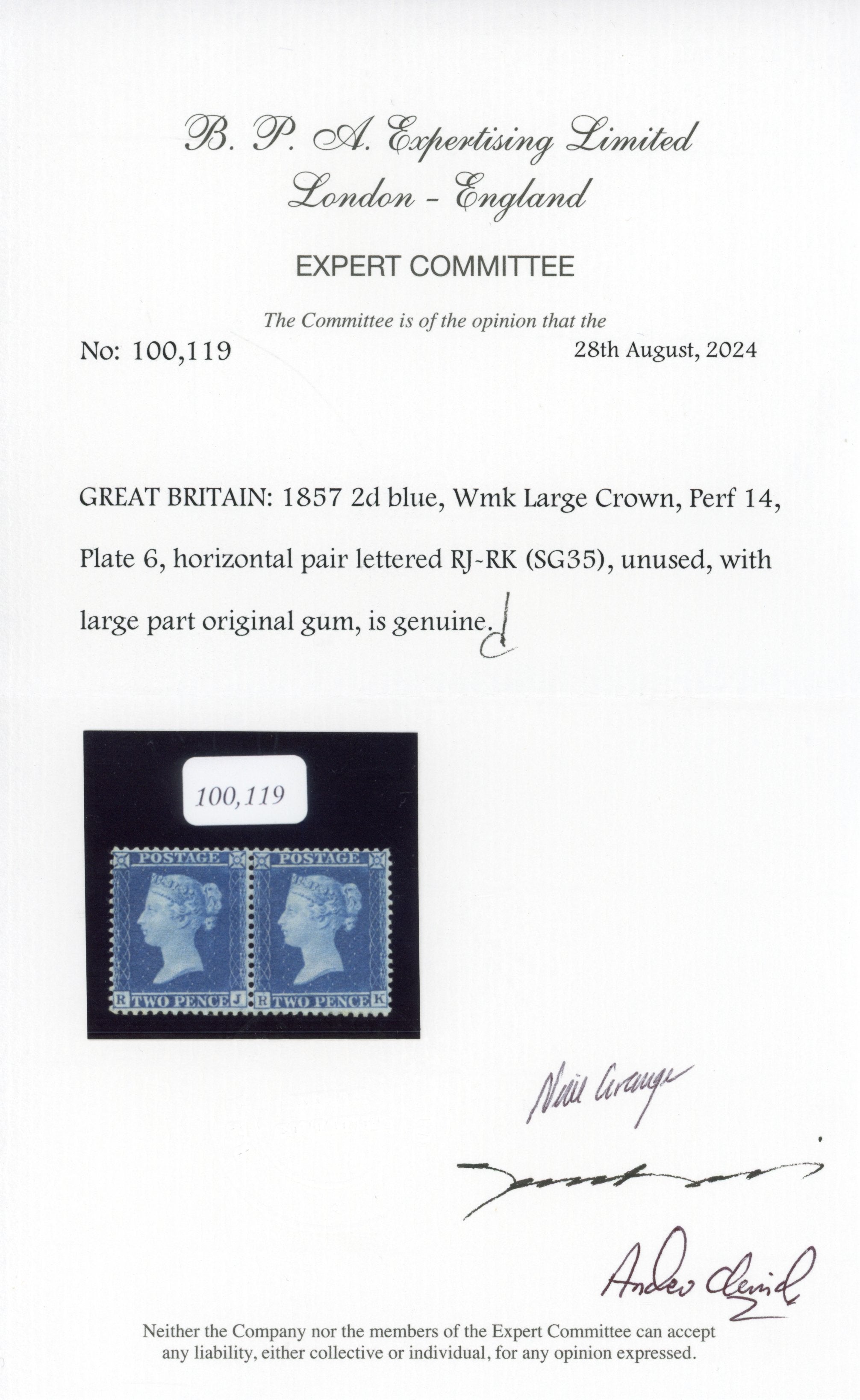 Great BritainSG 35 Mint 1854-57 2d blue on blued paper watermark large crown perf 14