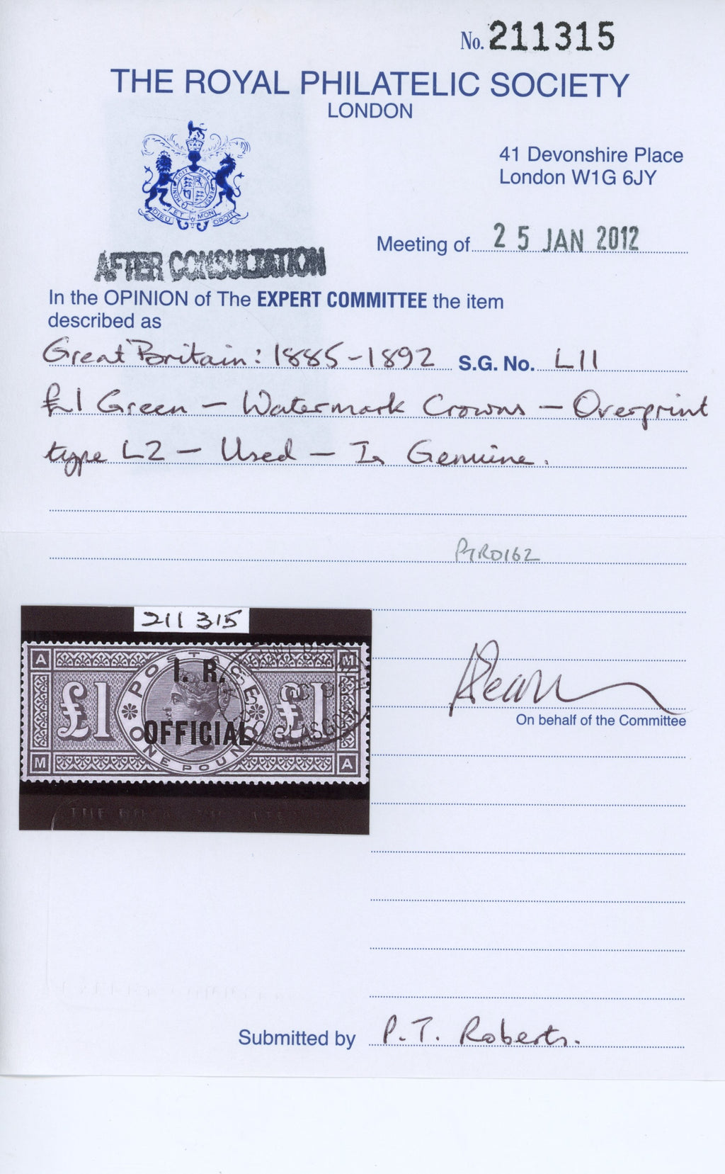 Great Britain SG O16 Used 1882-1901 Inland Revenue Official £1 green