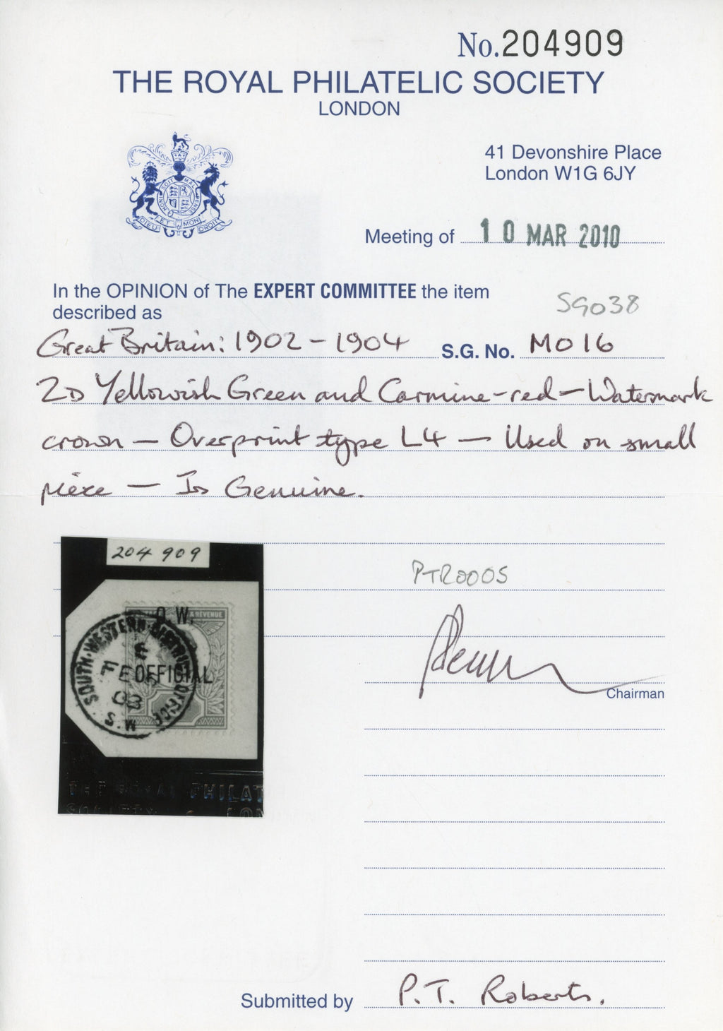 Great Britain SG O38 Used 1902-03 Office of Works KEVII 2d yellowish green and carmine-red