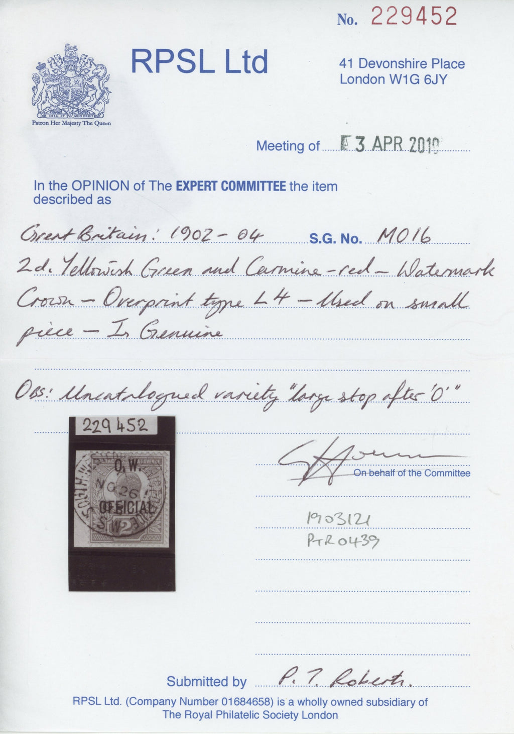 Great Britain SG O38 Used 1902-03 Office of Works KEVII 2d yellowish green and carmine-red