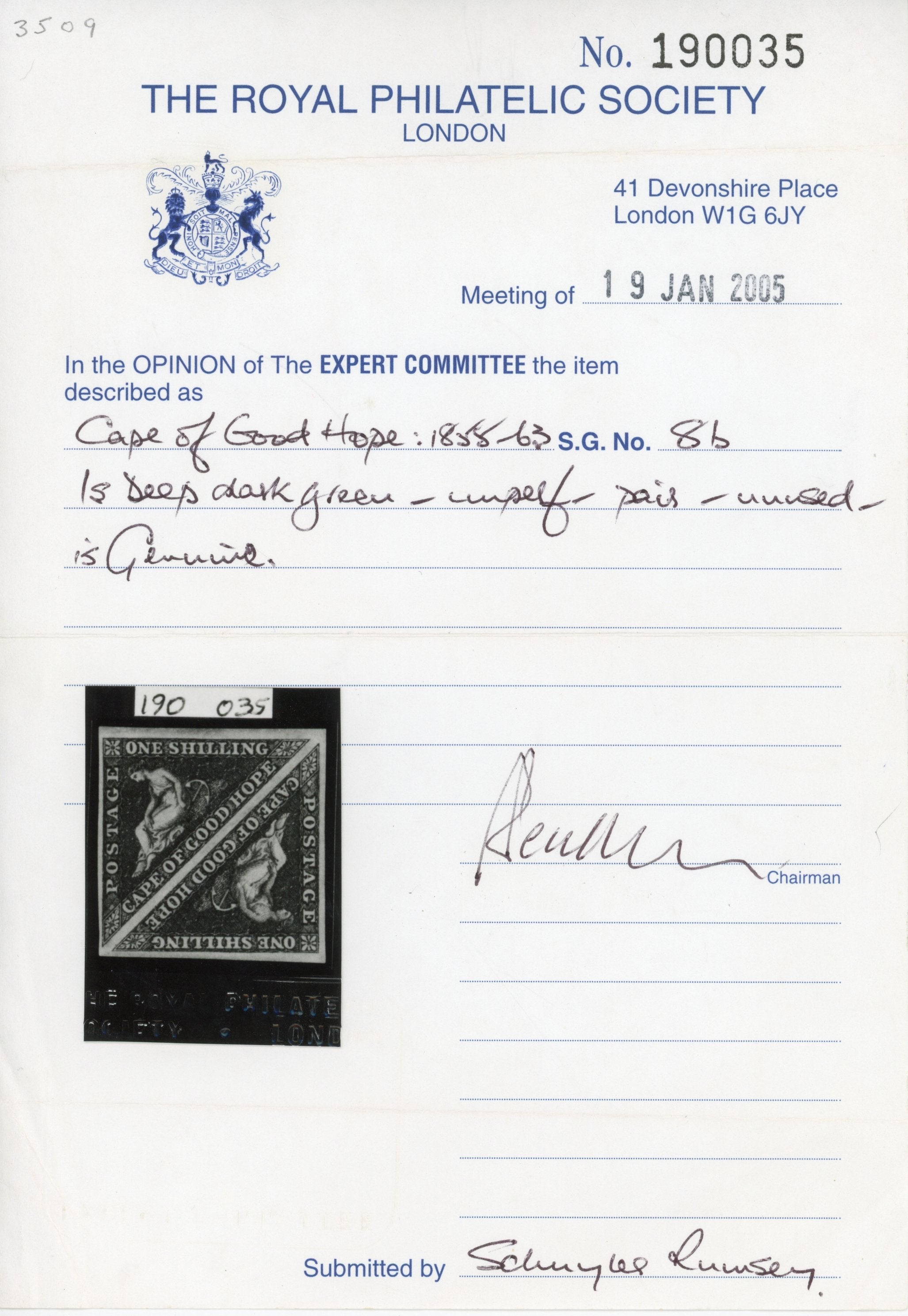 Cape of Good Hope SG 8b Mint 1855-63 1s deep dark green square pair