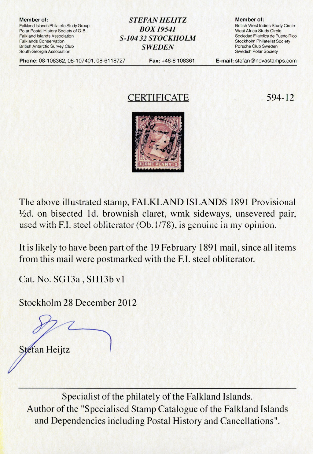 Falkland Islands SG 13a Used 1891 ½d on half of 1d brownish claret unsevered pair