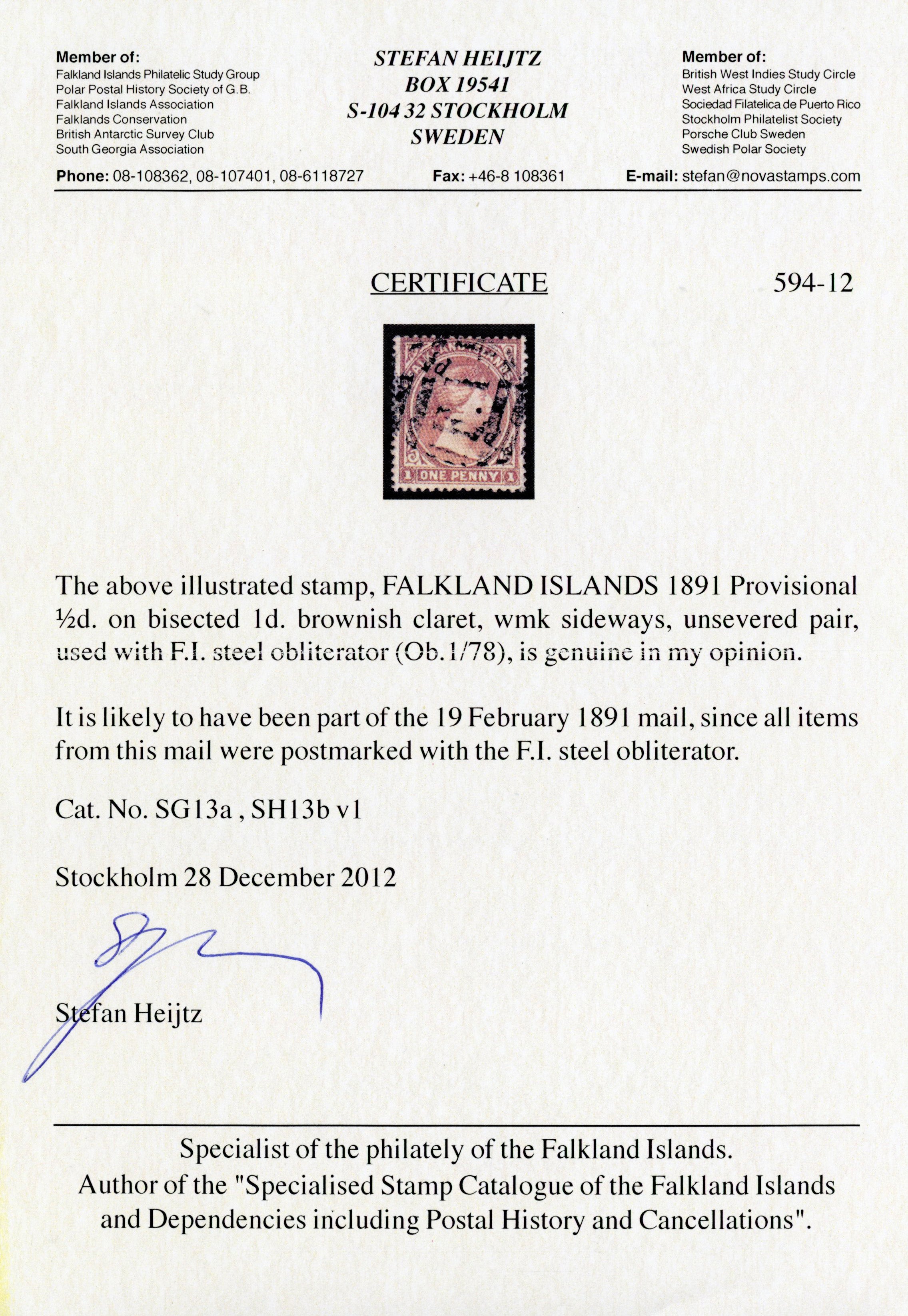 Falkland Islands SG 13a Used 1891 ½d on half of 1d brownish claret unsevered pair