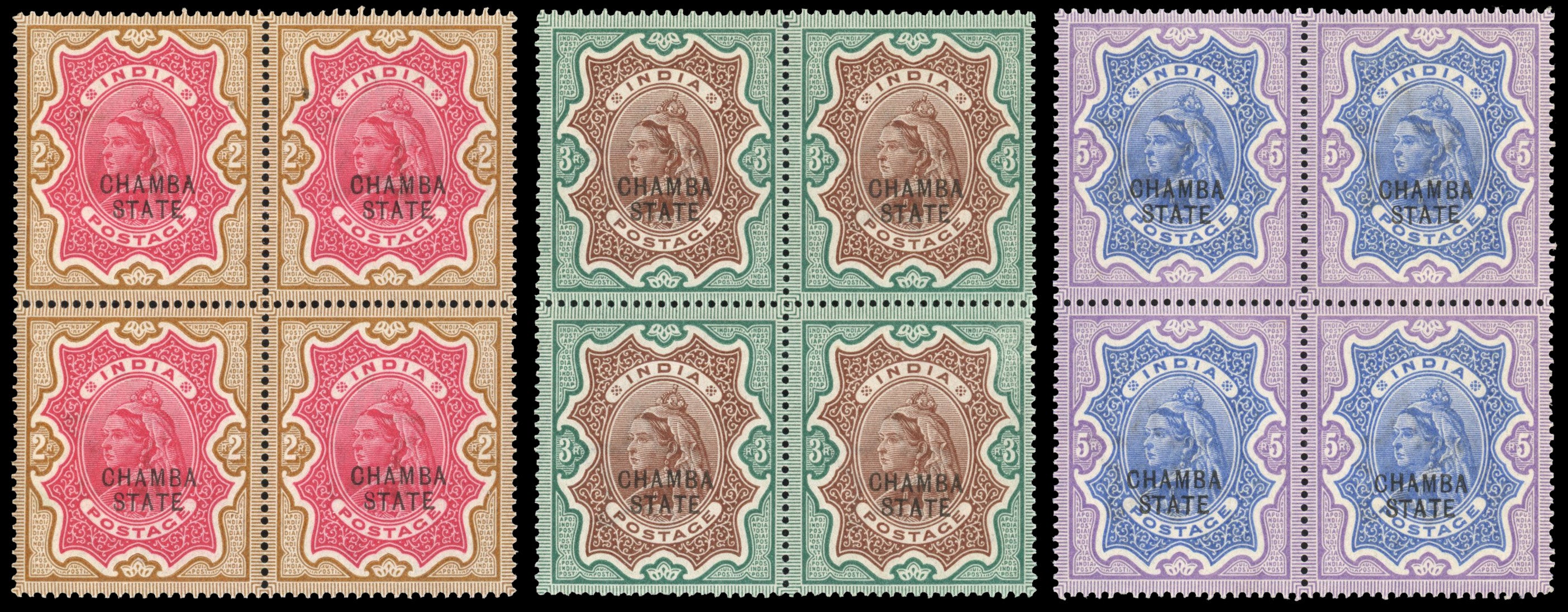 I.C.S. Chamba SG 19/21 Unmounted mint 1887-95 2r, 3r, 5r blocks of 4
