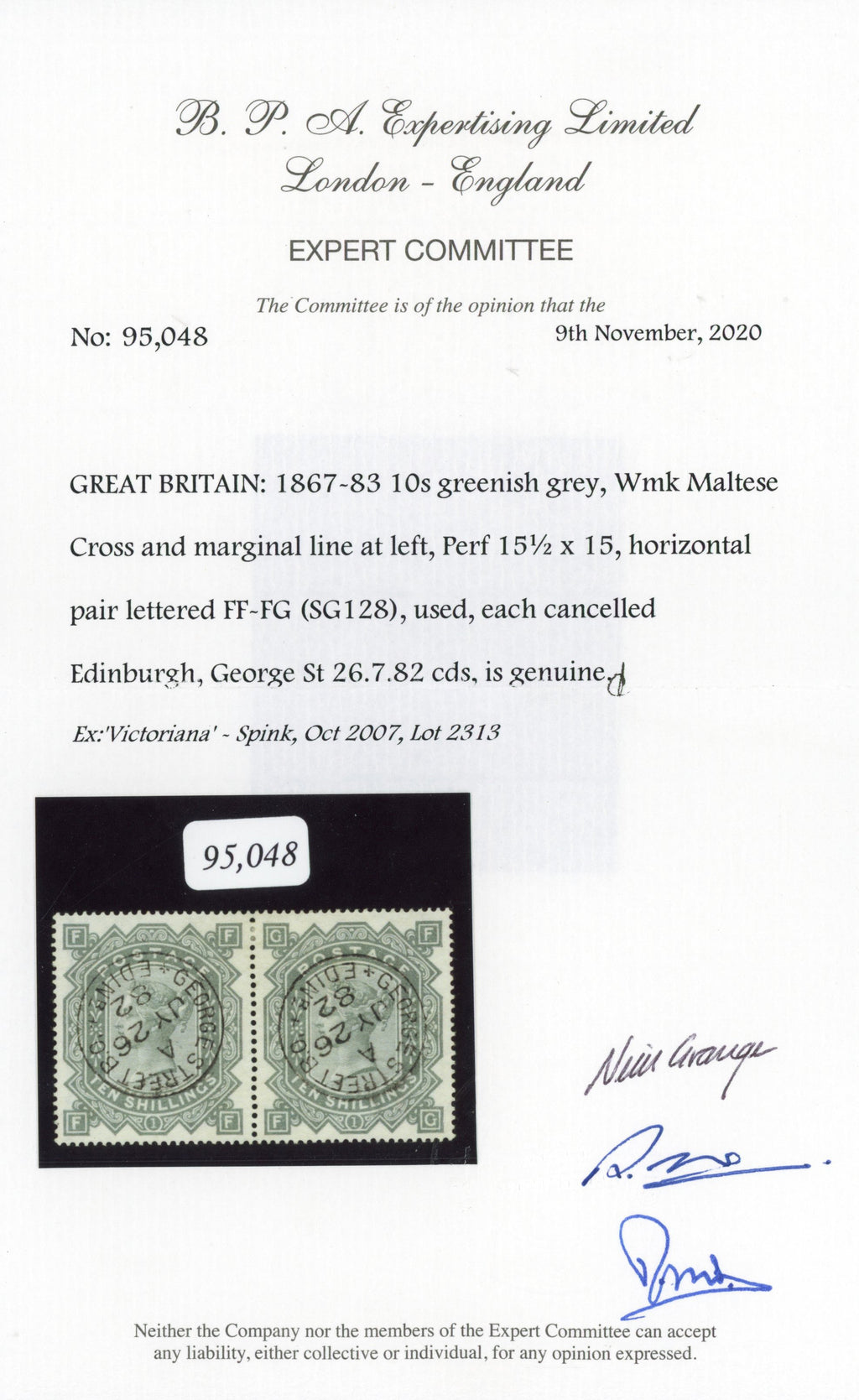 Great Britain SG128 10s Grenish Grey used pair