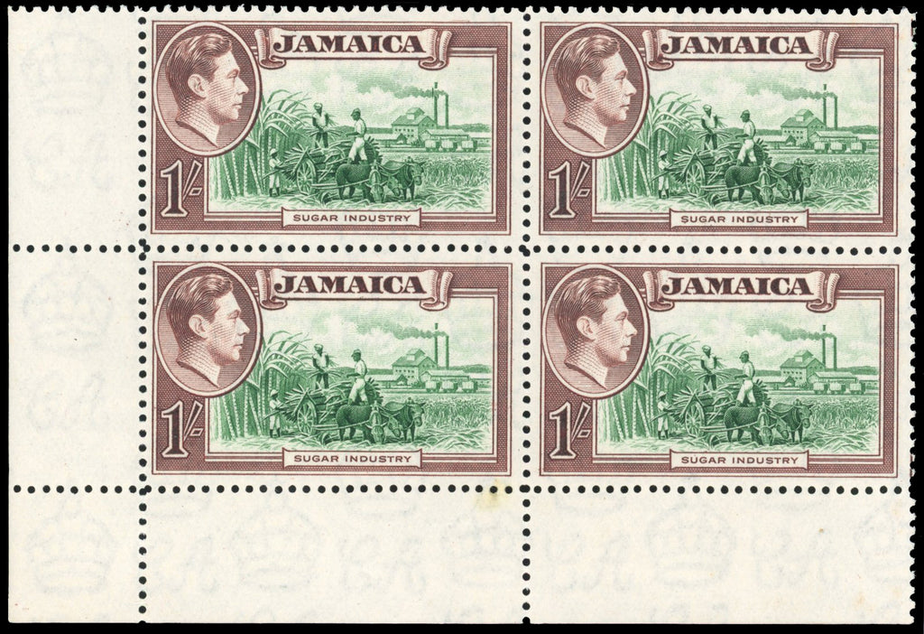 Jamaica SG 130a Unmounted mint 1938-52 1s corner block of 4 with Repaired chimney