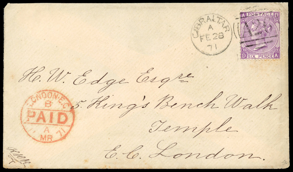 Gibraltar SG Z46 Cover to London with Great Britain 1867-70 6d violet plate 9