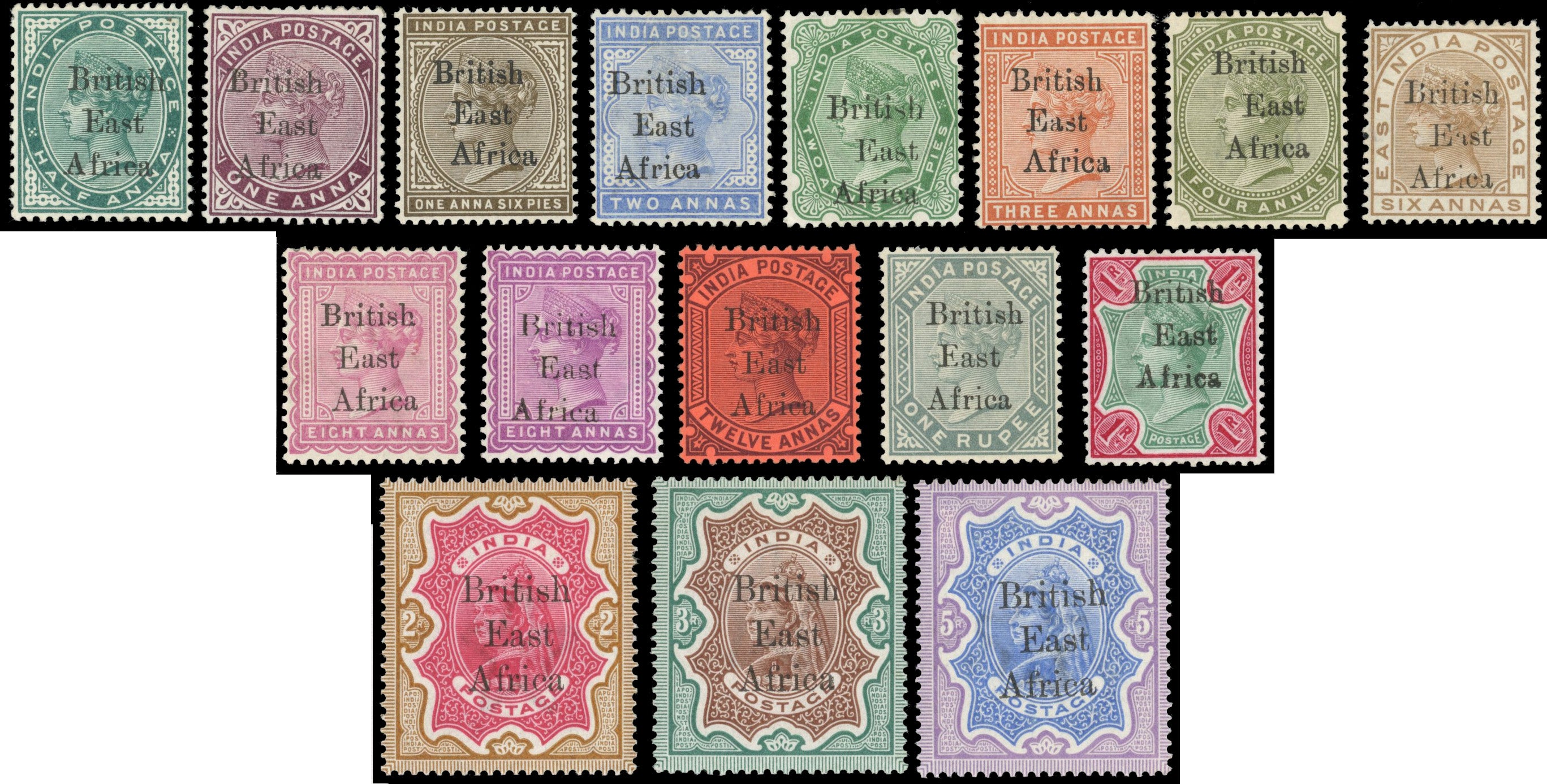 British East Africa SG 49/63 Mint 1895-96 set to 5r including both 8a