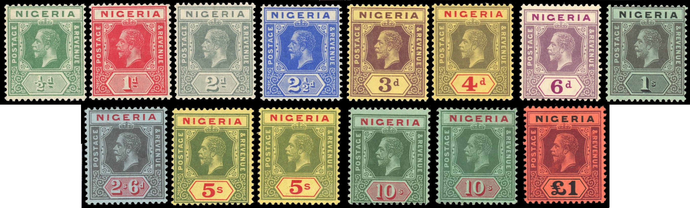 Nigeria SG 1/12 Mint 1914-29 set to £1 plusg 5s on white back and 10s on blue-green back