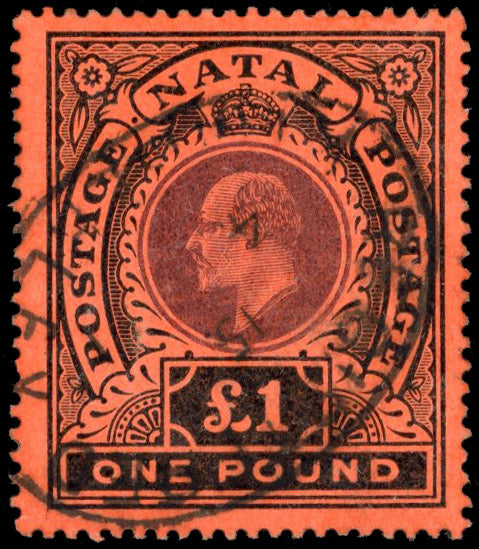 South Africa Interprovincials SG Z68 Natal 1910-13 £1 purple and black on red used in Cape of Good Hope