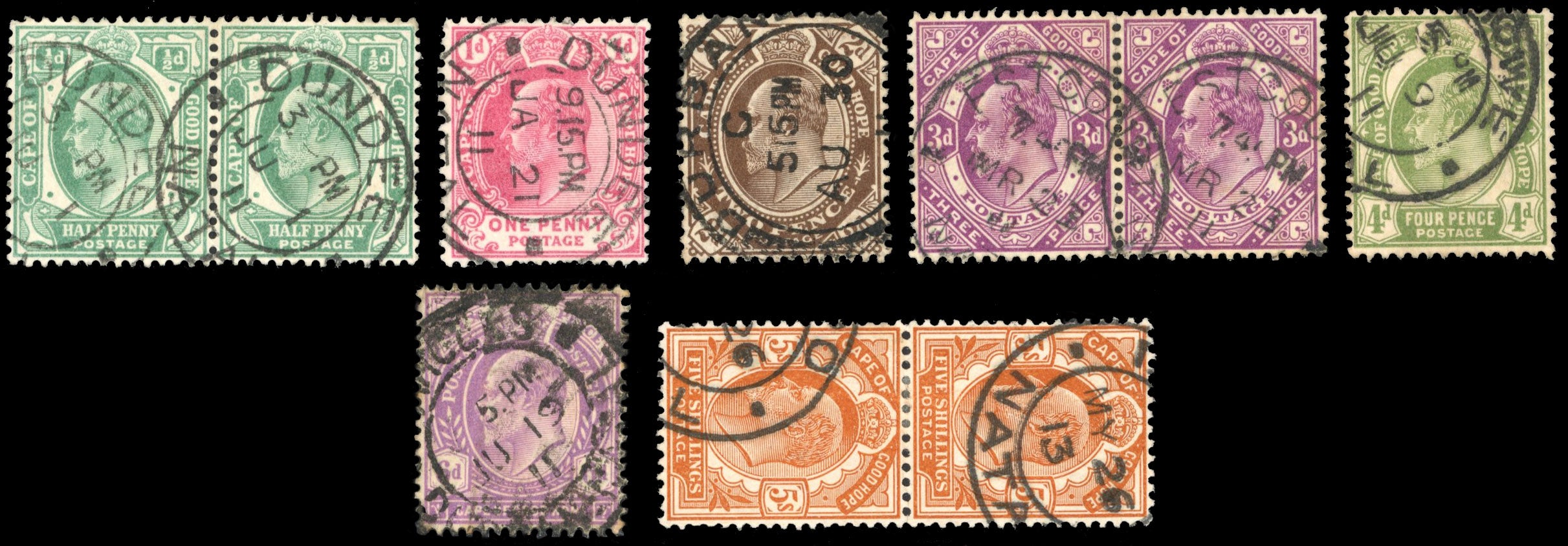 South Africa Interprovincials SG Z10/Z18 btwn Cape of Good Hope 1910-13 values to 5s used in Natal