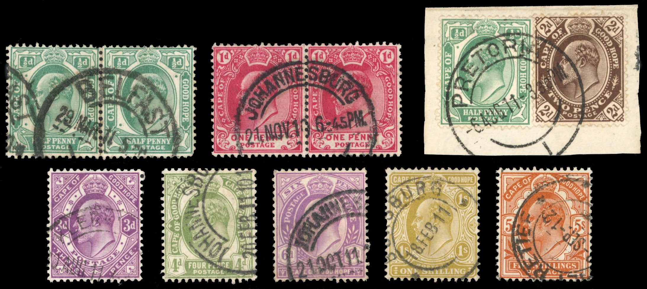 South Africa Interprovincials SG Z28/Z36 btwn Cape of Good Hope 1910-13 values to 5s used in Transvaal