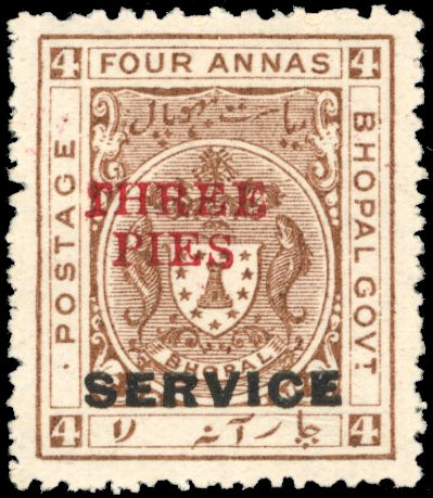 I.F.S. Bhopal SG O324  'THREE PIES' on 4a chocolate mint.