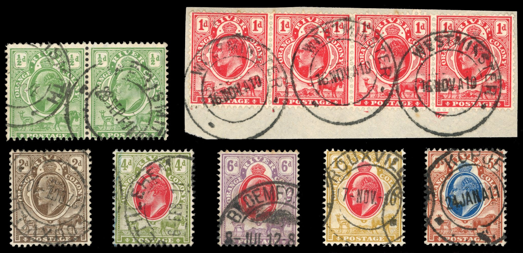 South Africa Interprovincials SG Z101/Z110 btwn Orange River Colony 1910-13 values to 5s used locally