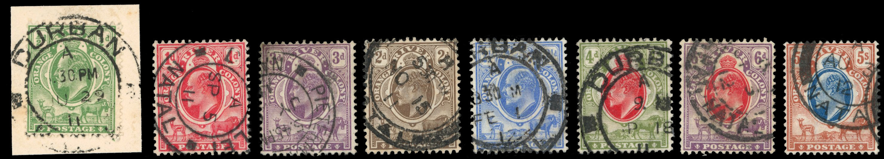 South Africa Interprovincials SG Z121/Z130 btwn Orange River Colony 1910-13 values to 5s used in Natal