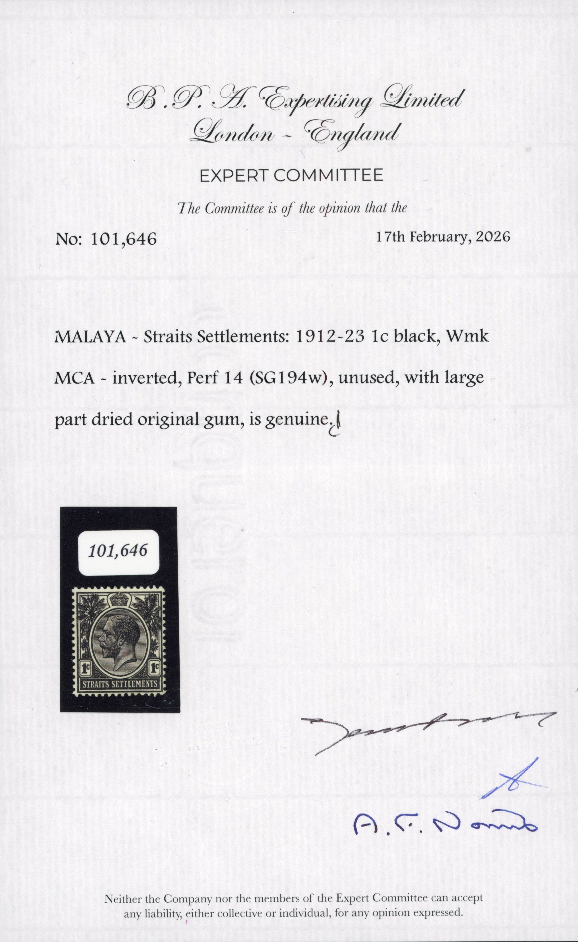 Malaya Straits Settlements SG 194w Mint 1912-23 1c black variety watermark inverted
