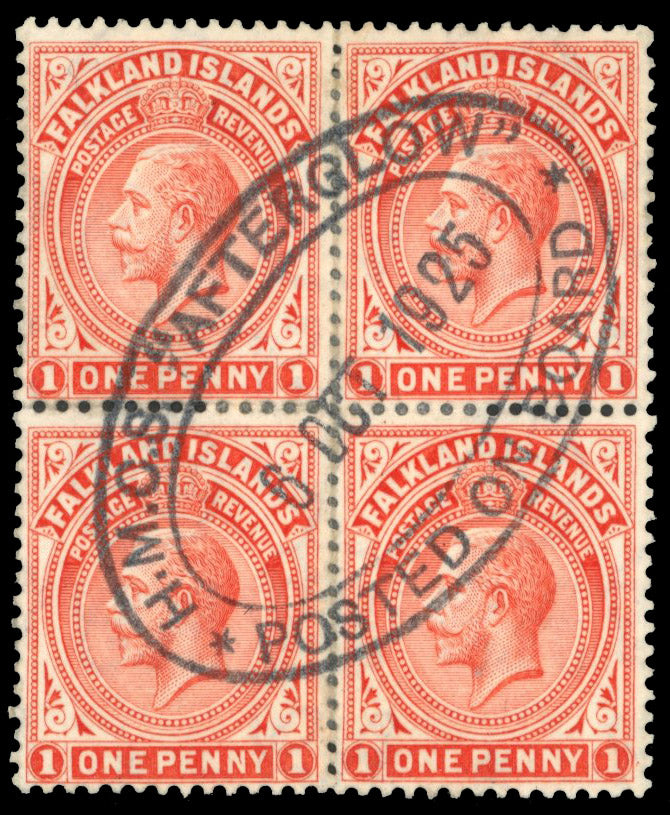 Falkland Islands SG 74 Cancel 1921-28 1d dull vermilion block of 4 with H.M.C.S. AFTERGLOW ship cancel