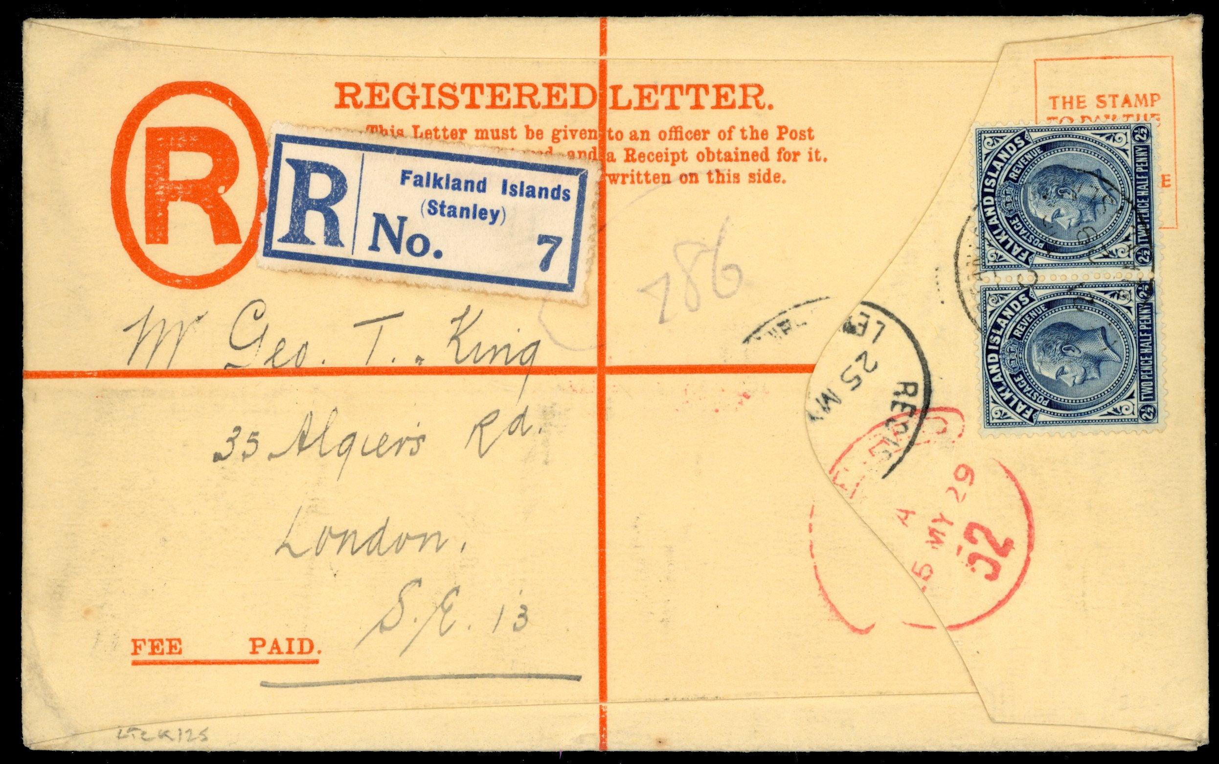 Falkland Islands SG 76 1929 registered formula envelope to London