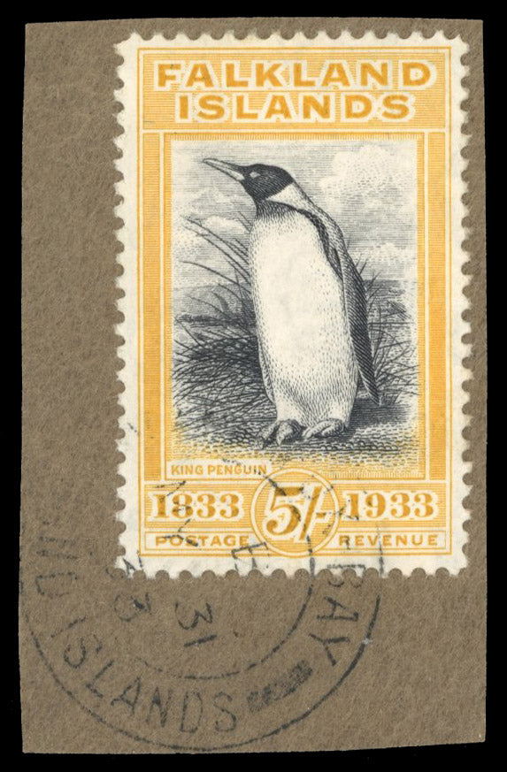Falkland Islands SG 136 Used 1933 Centenary 5s black and yellow King Penguin
