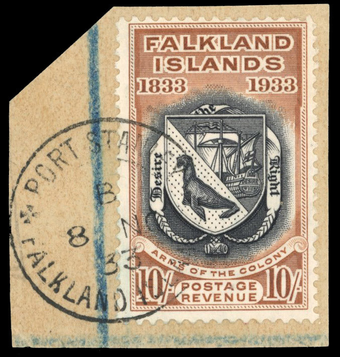 Falkland Islands SG 137 Used 1933 Centenary 10s black and chestnut Coat of Arms