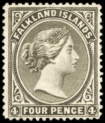 Falkland Islands SG 10 Unused 1885-91 4d grey-black watermark sideways with letter L of marginal watermark