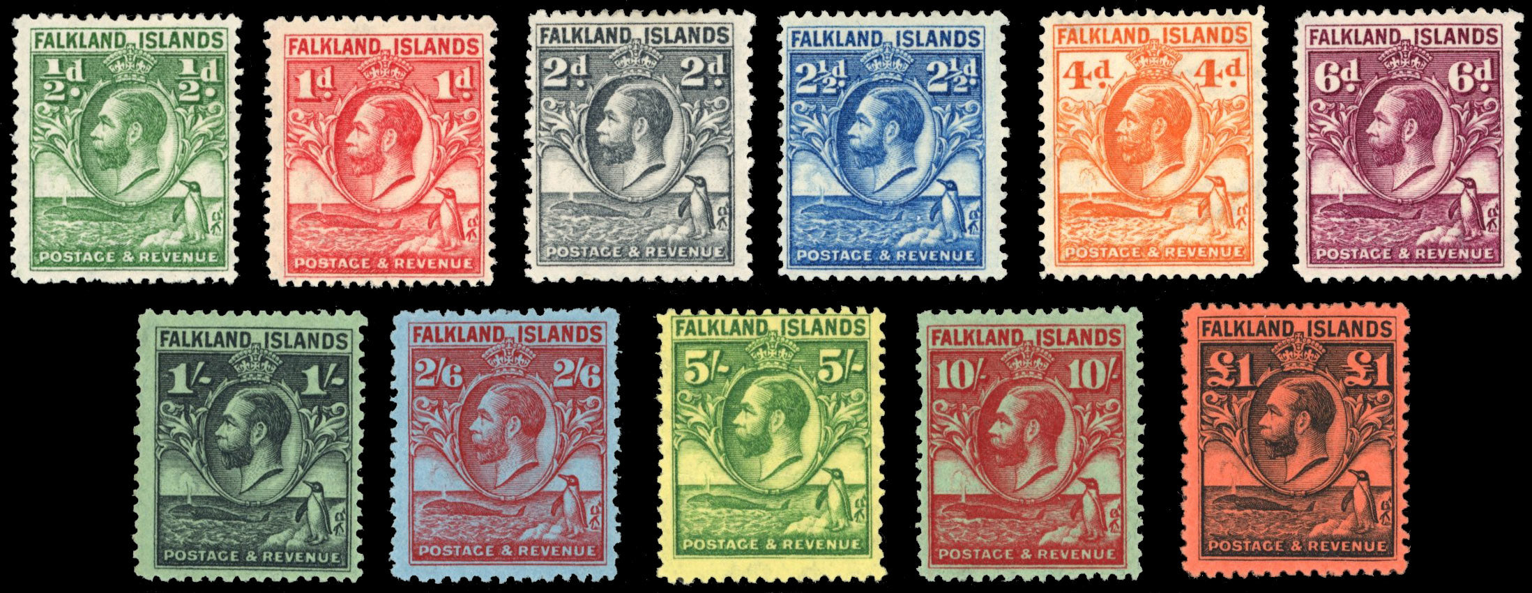 Falkland Islands SG 116/126 1929-37 Whale and Penguin set of 11 to £1