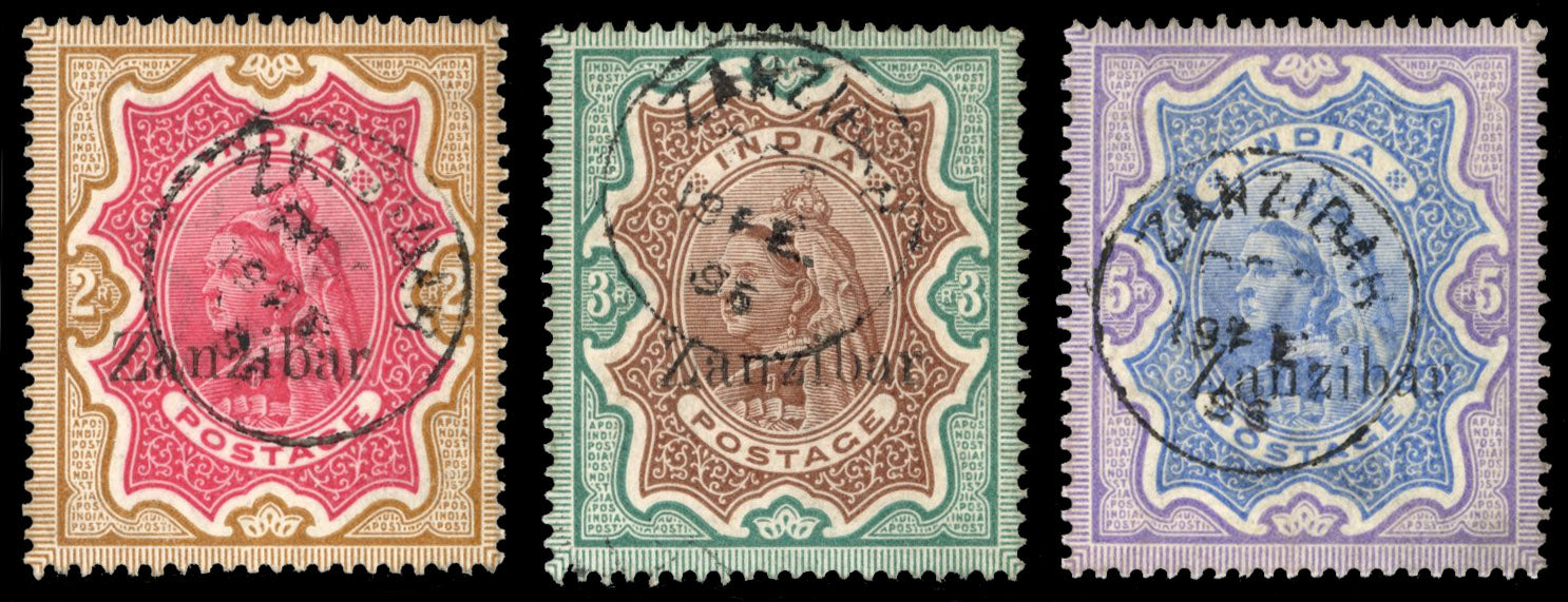 Zanzibar SG 19/21 Used 1895-96 2r, 3r, 5r with matching cancels