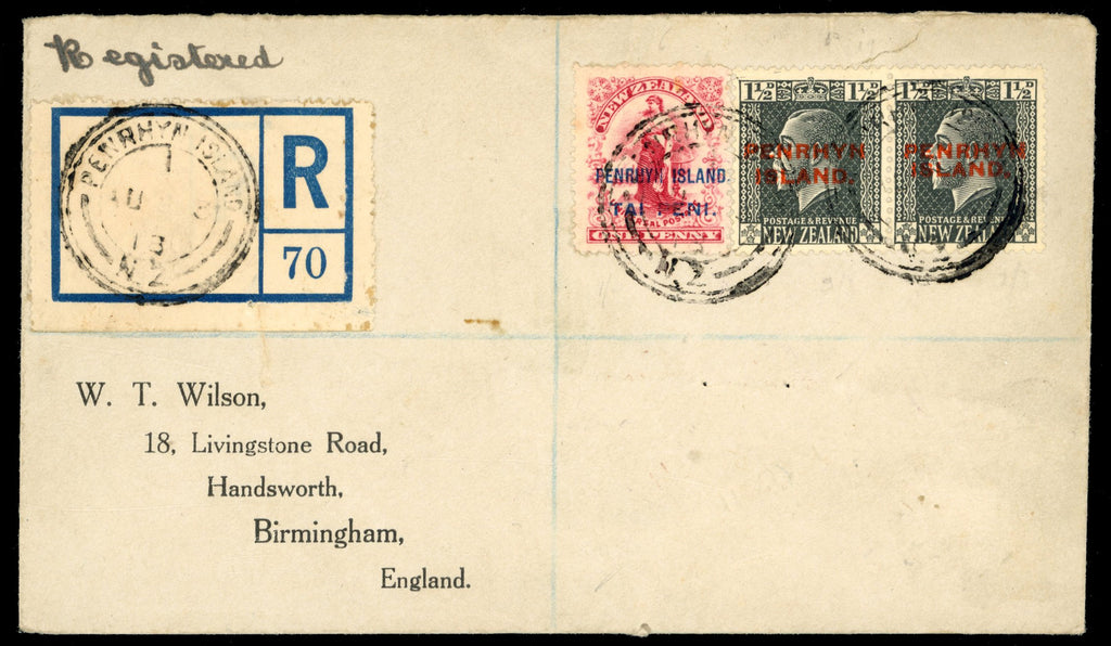 Penrhyn Island SG 10, 29 1918 registered cover to England