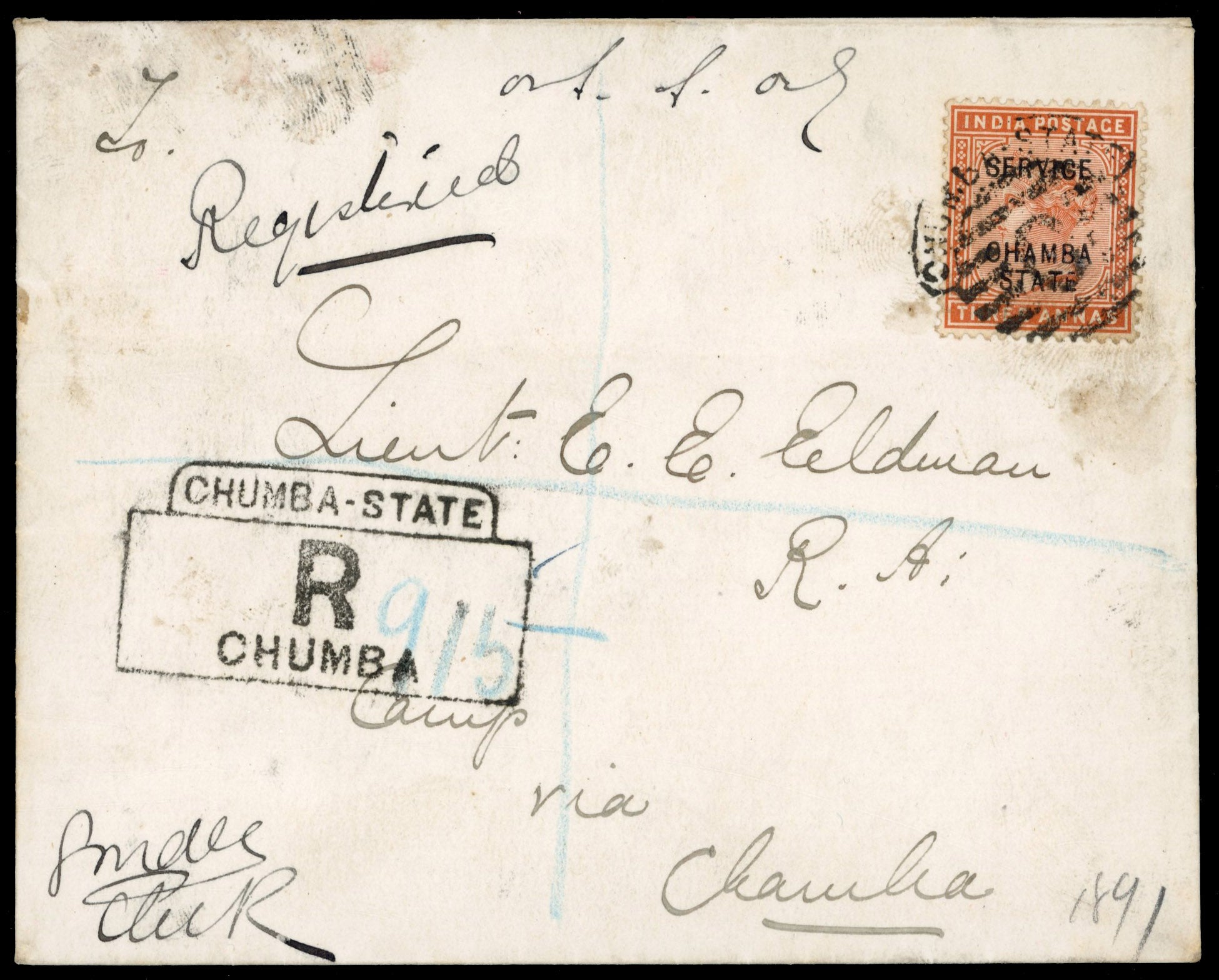 I.C.S. Chamba SG O7 1891 official registered cover