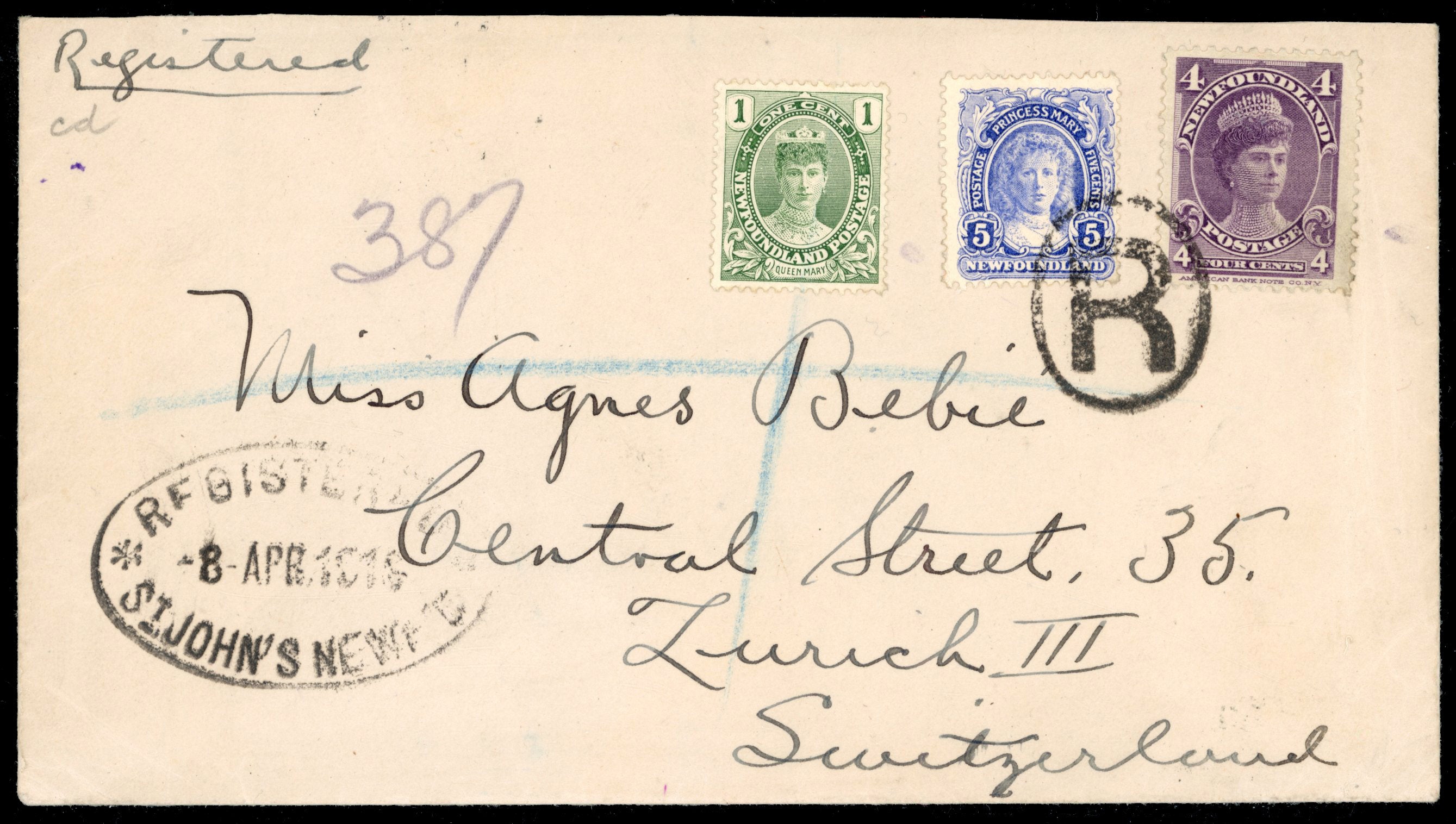 Newfoundland SG 89, 117, 121 1916 registered cover to Switzerland