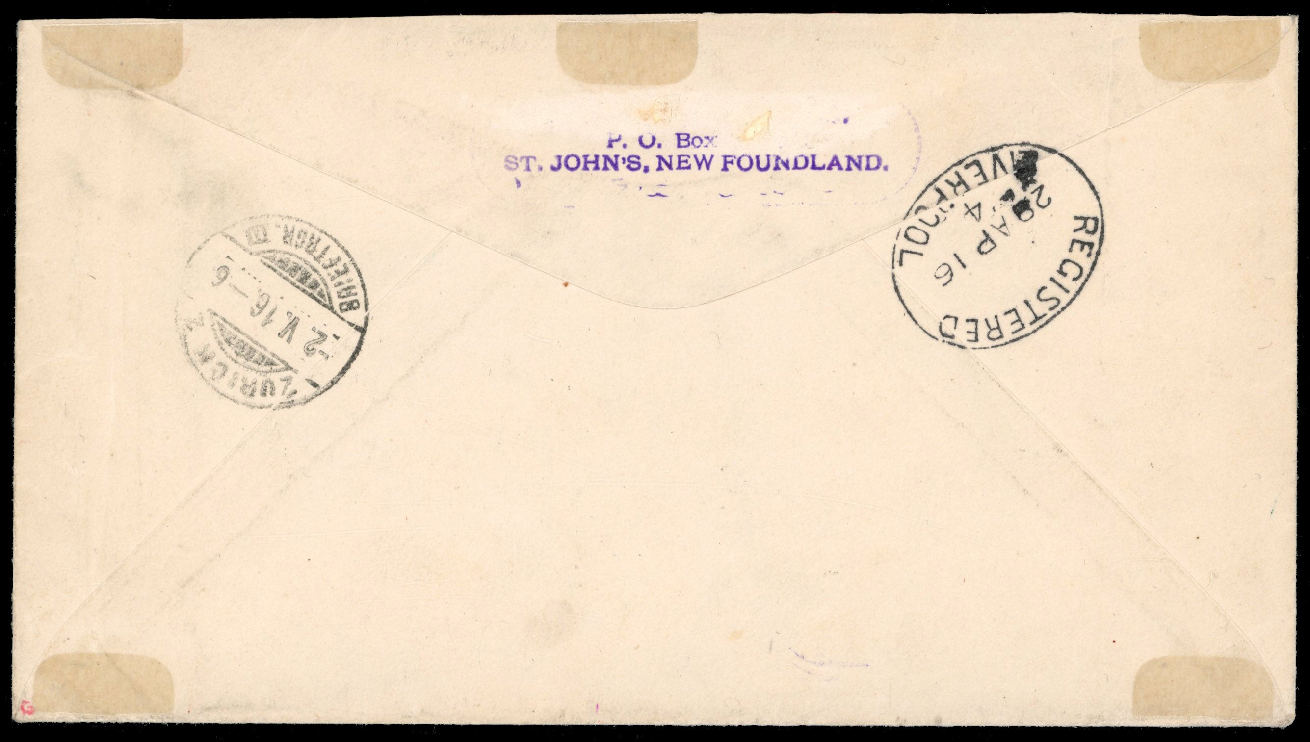 Newfoundland SG 89, 117, 121 1916 registered cover to Switzerland