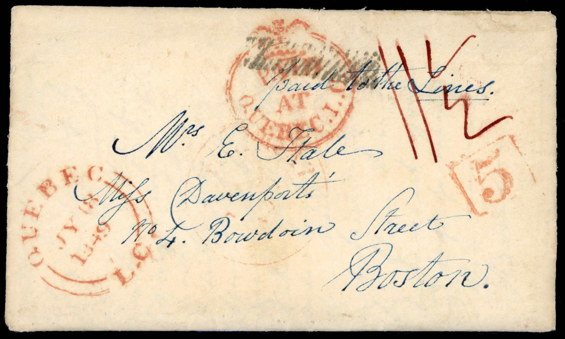 Newfoundland SG CC1 1849 cover from Quebec to Boston