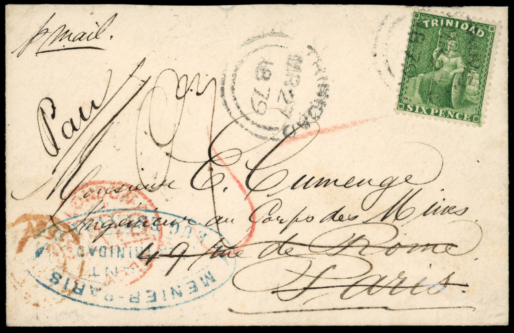 Trinidad SG 77 1879 cover to Paris with 1863-80 6d bright yellow-green