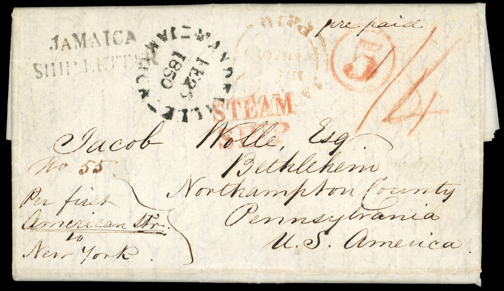 Jamaica 1850 cover from Mandeville to USA with JAMAICA SHIP LETTER handstamp