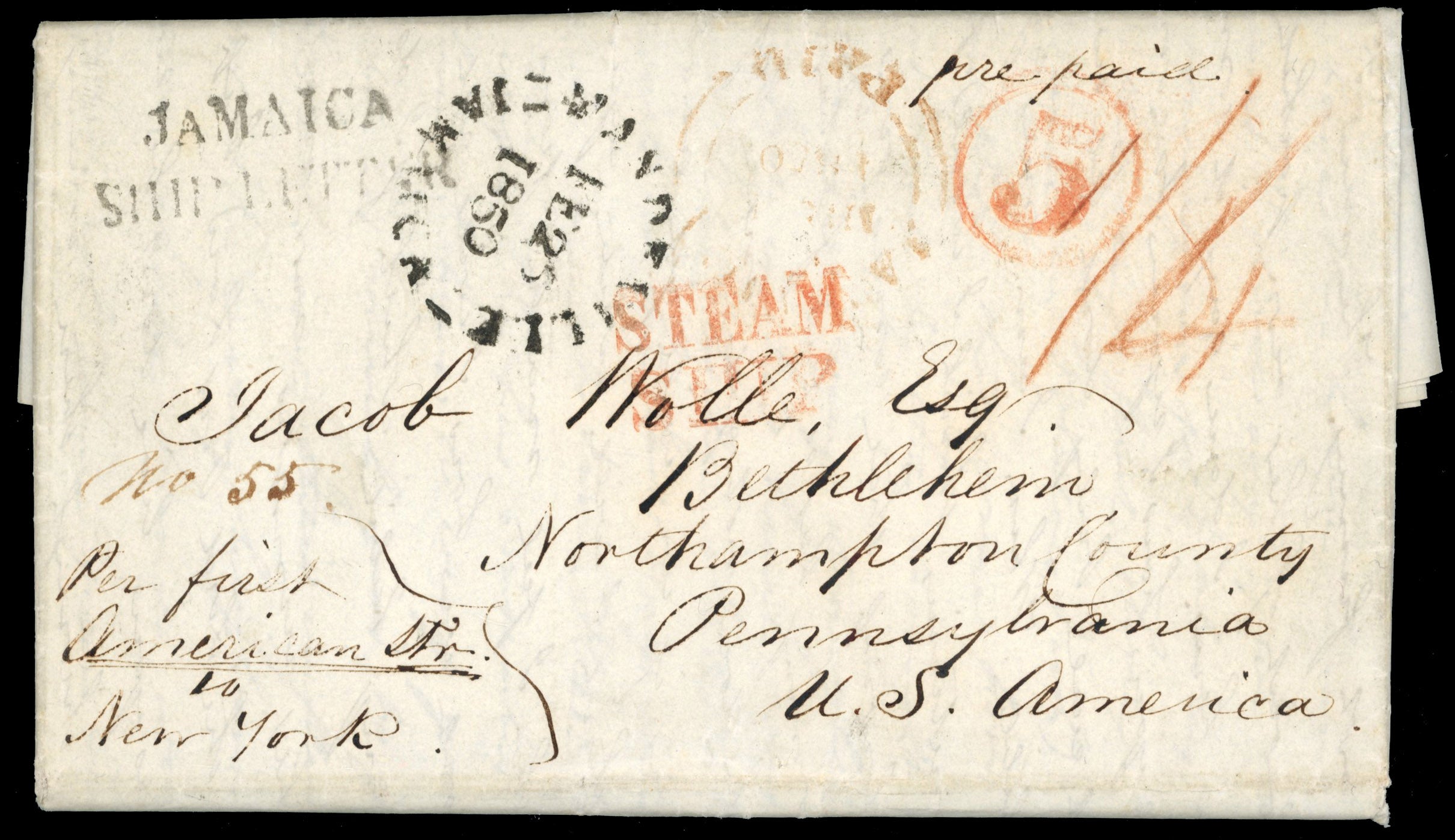 Jamaica 1850 cover from Mandeville to USA with JAMAICA SHIP LETTER handstamp