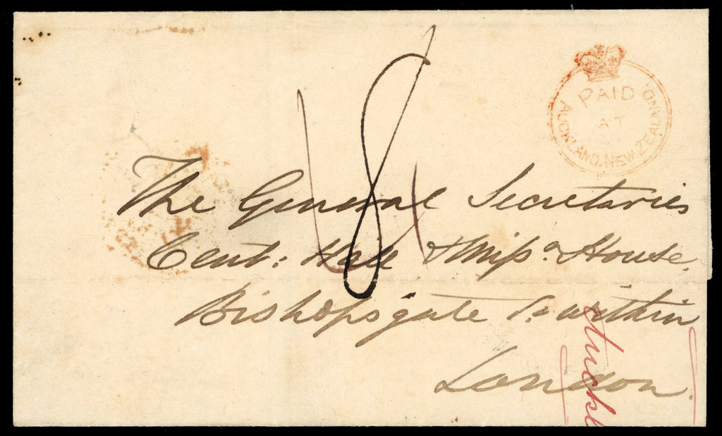New Zealand SG CC1 1850 cover from Auckland to London with crowned-circle